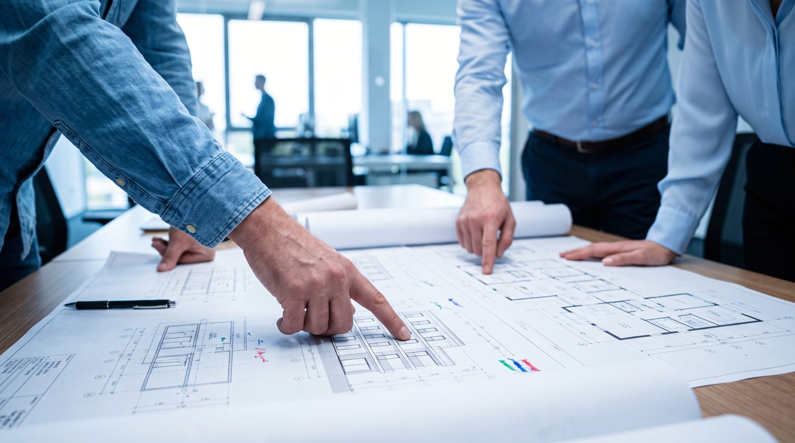 Ingenieros revisando planos técnicos de un proyecto HVAC
