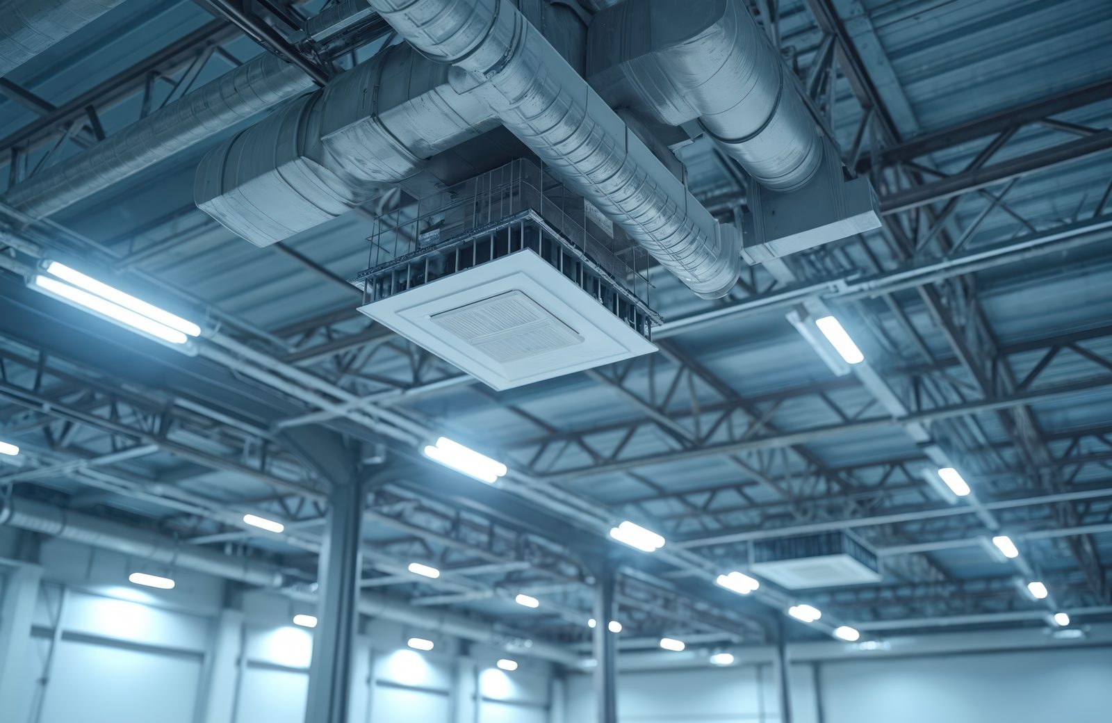 Sistema de ductos y equipo HVAC instalado en el techo de una nave industrial